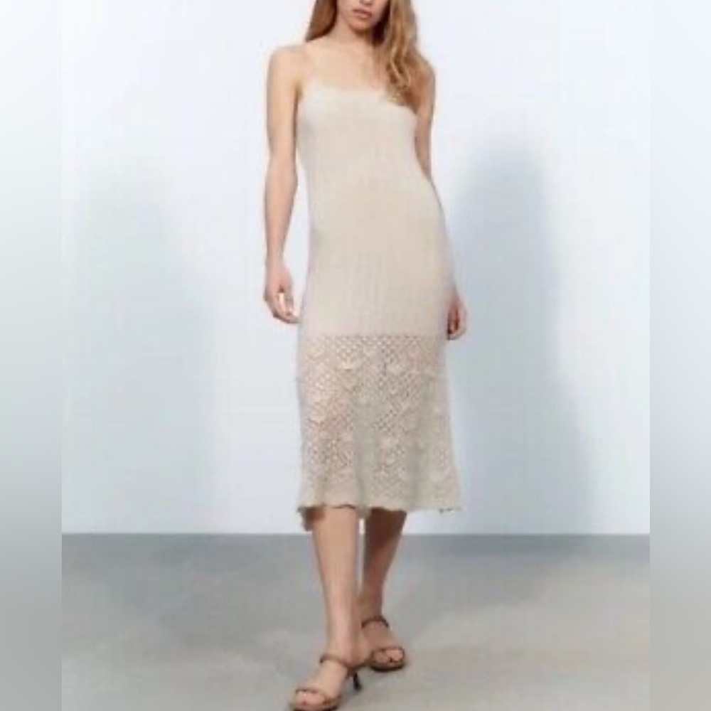 Zara Cream Knit Semi-Sheer Midi Dress Size M/L